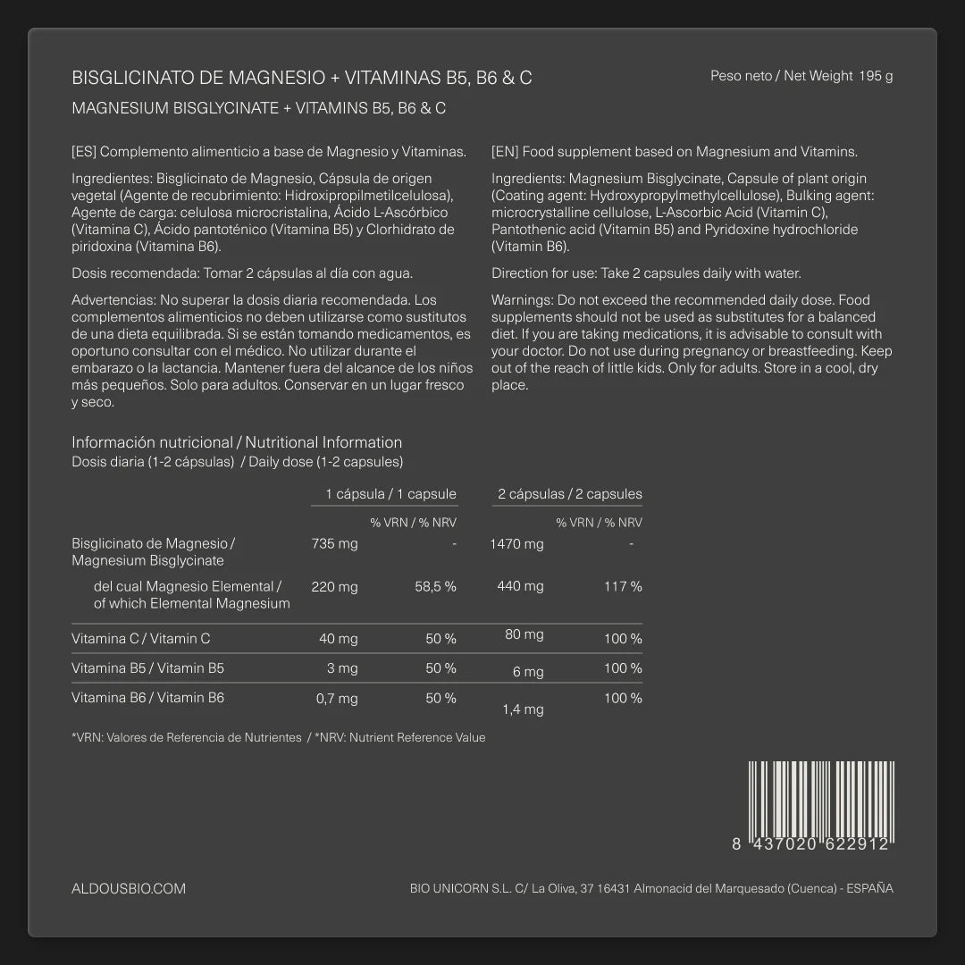 Bisglicinato de Magnesio con Vitamina B5, B6 y C