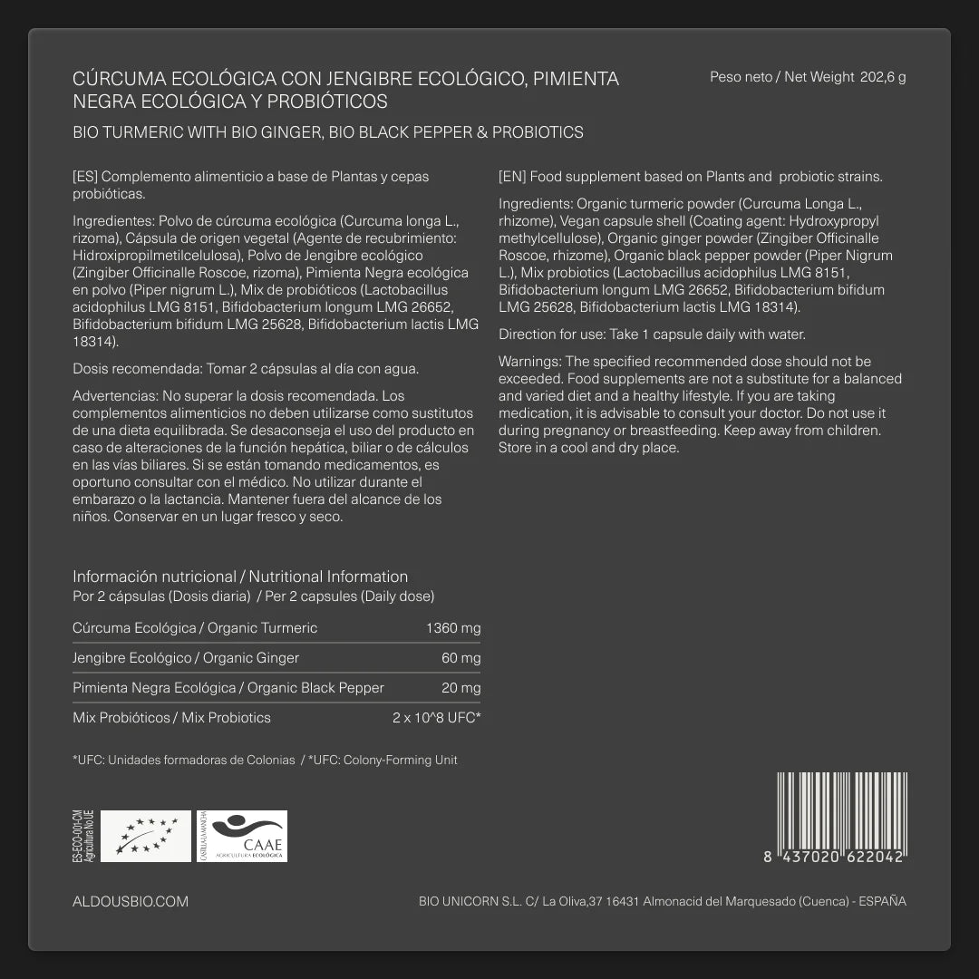 Cúrcuma Ecológica con Jengibre, Pimienta Negra y Probióticos