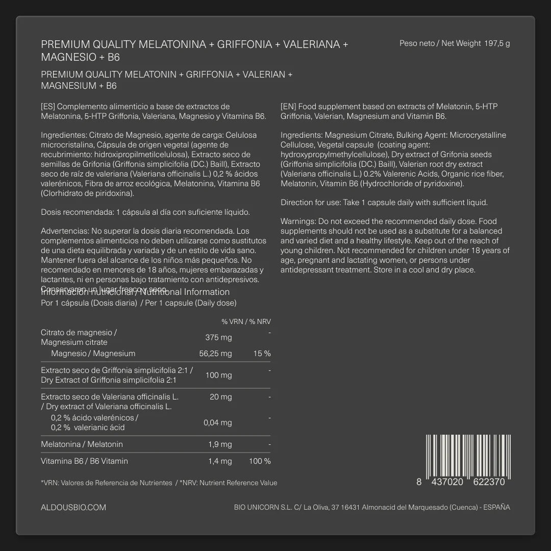 Melatonina con Magnesio, Griffonia, Valeriana y Vitamina B6
