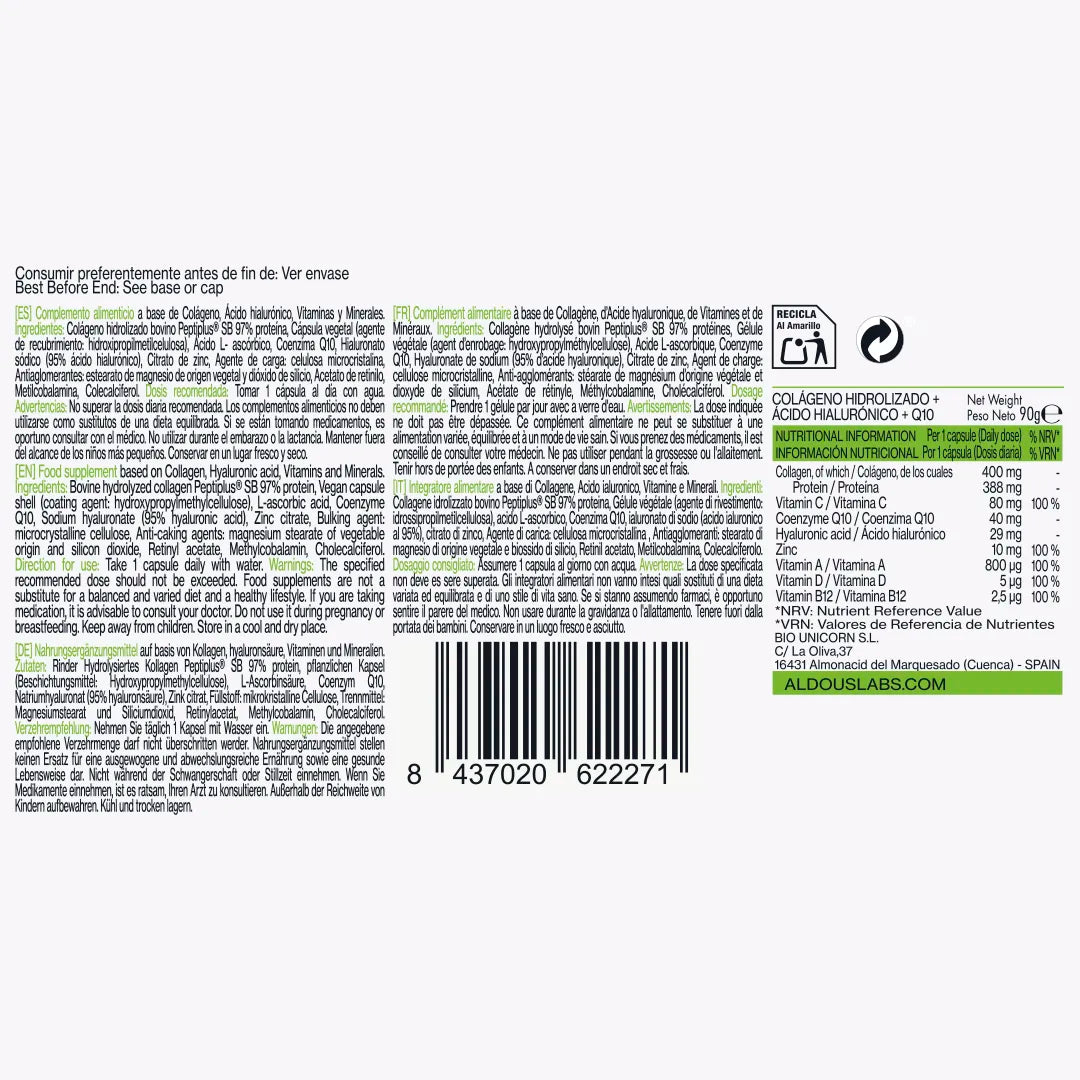 Colágeno Hidrolizado con Ácido Hialurónico, Coenzima Q10, Zinc y Vitaminas