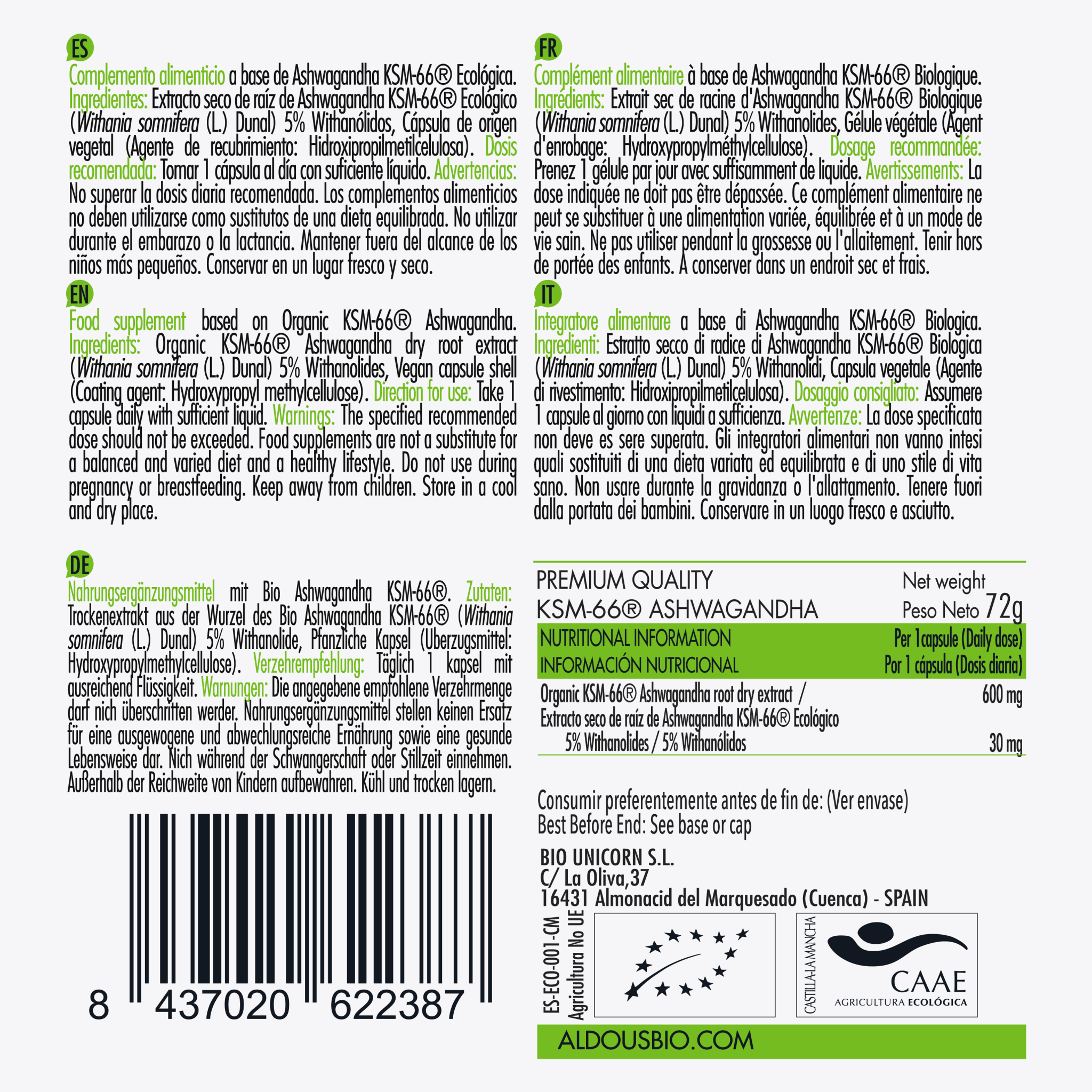 Extracto de Raíz de Ashwagandha KSM-66 ® Ecológico