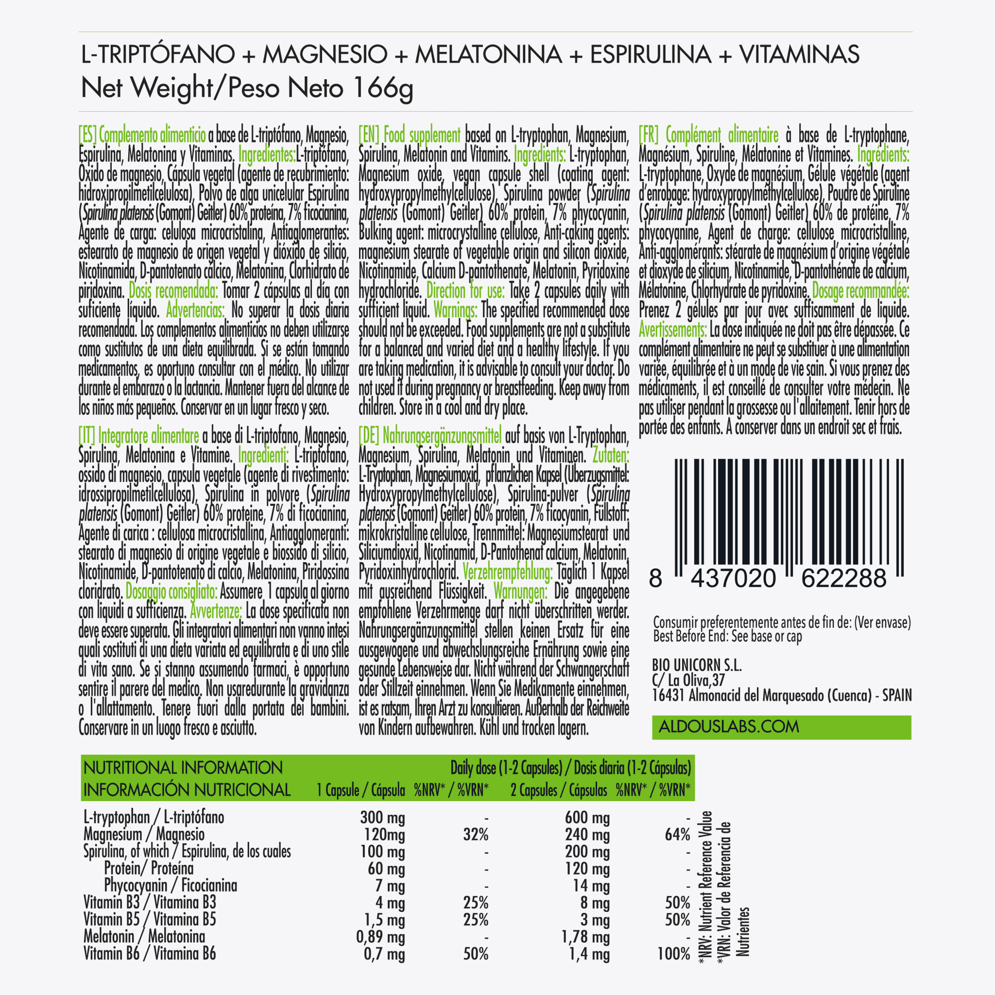 Triptófano con Melatonina, Magnesio, Espirulina y Vitaminas